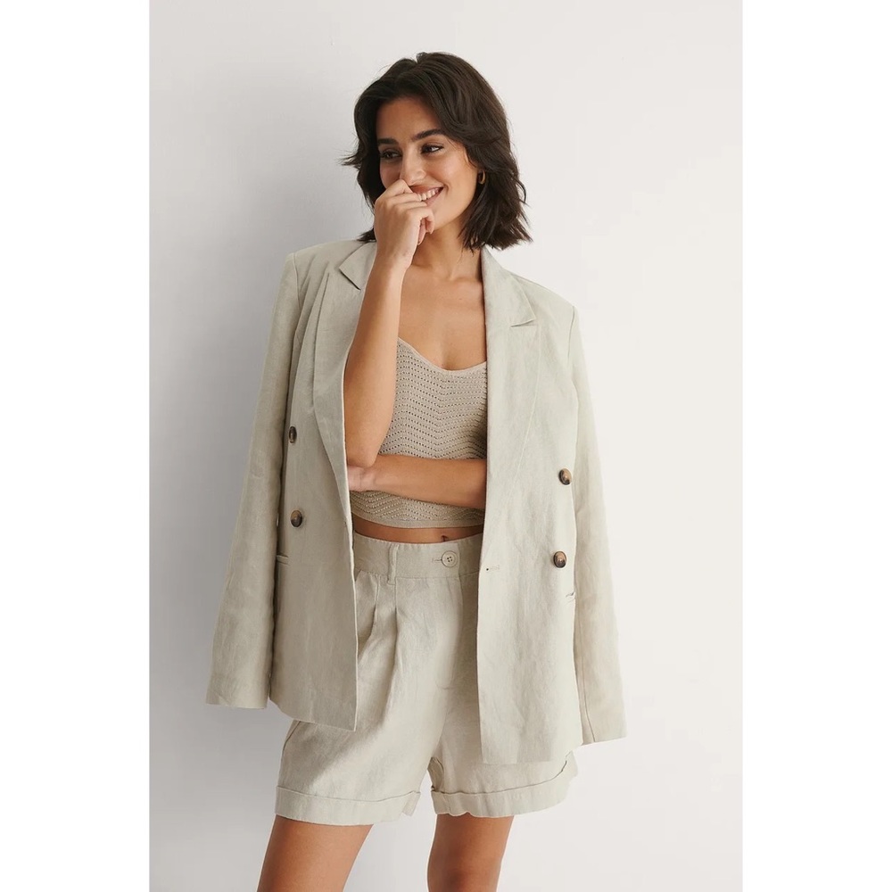 NA-KD Double Breasted Linen Beige Blazer Size EU 32